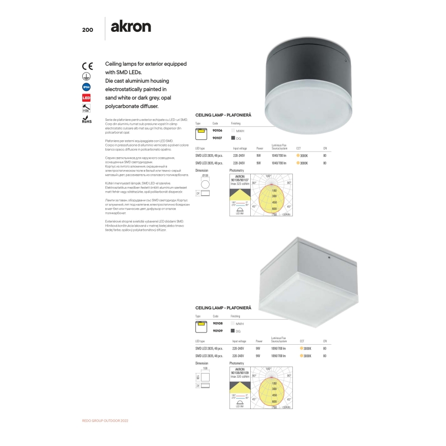 Redo 90107 - plafoniera LED da esterno AKRON LED/9W/230V Ø 10,8 cm IP54