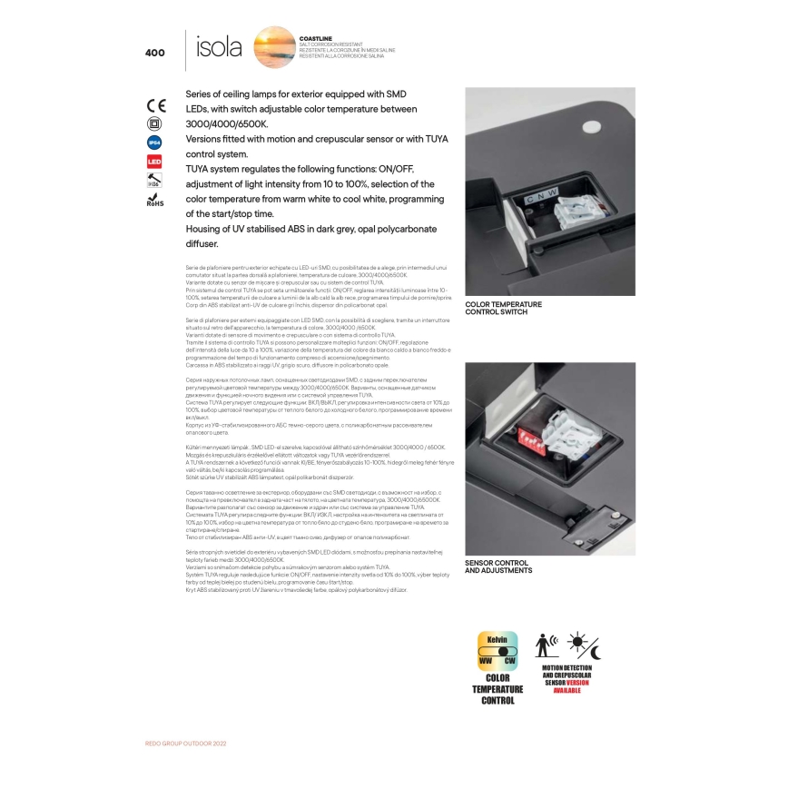 Redo 90290 - Plafoniera LED da esterno con sensore ISOLA LED/24W/230V diametro 26 cm 3000/4000/6500K IP54 antracite