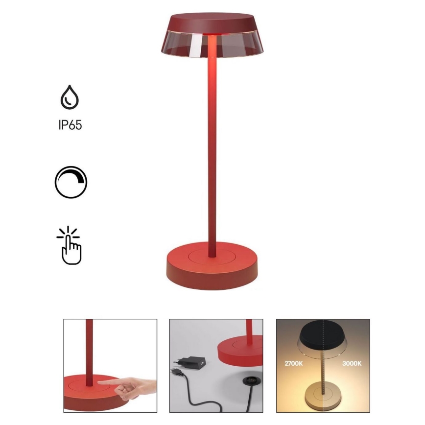 Redo 90311- Lampada da tavolo LED dimmerabile con funzione Touch ILUNA LED/2,5W/5V 2700-3000K 3000 mAh IP65 rosso