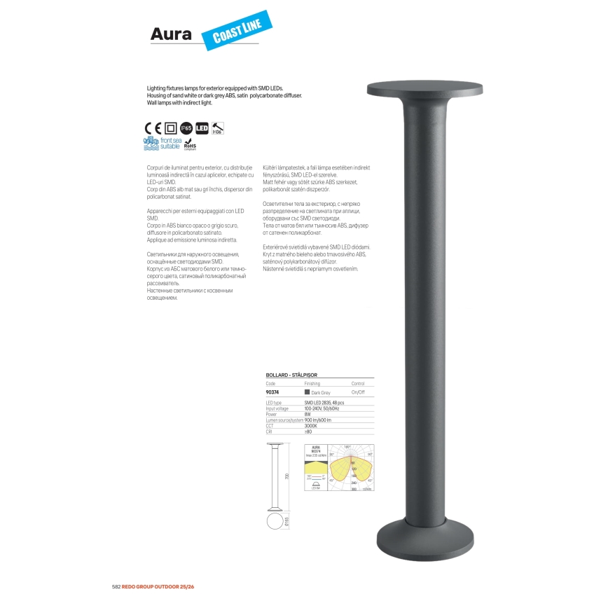 Redo 90374 - Lampada da esterno AURA LED/8W/230V 3000K 70 cm IP65 antracite
