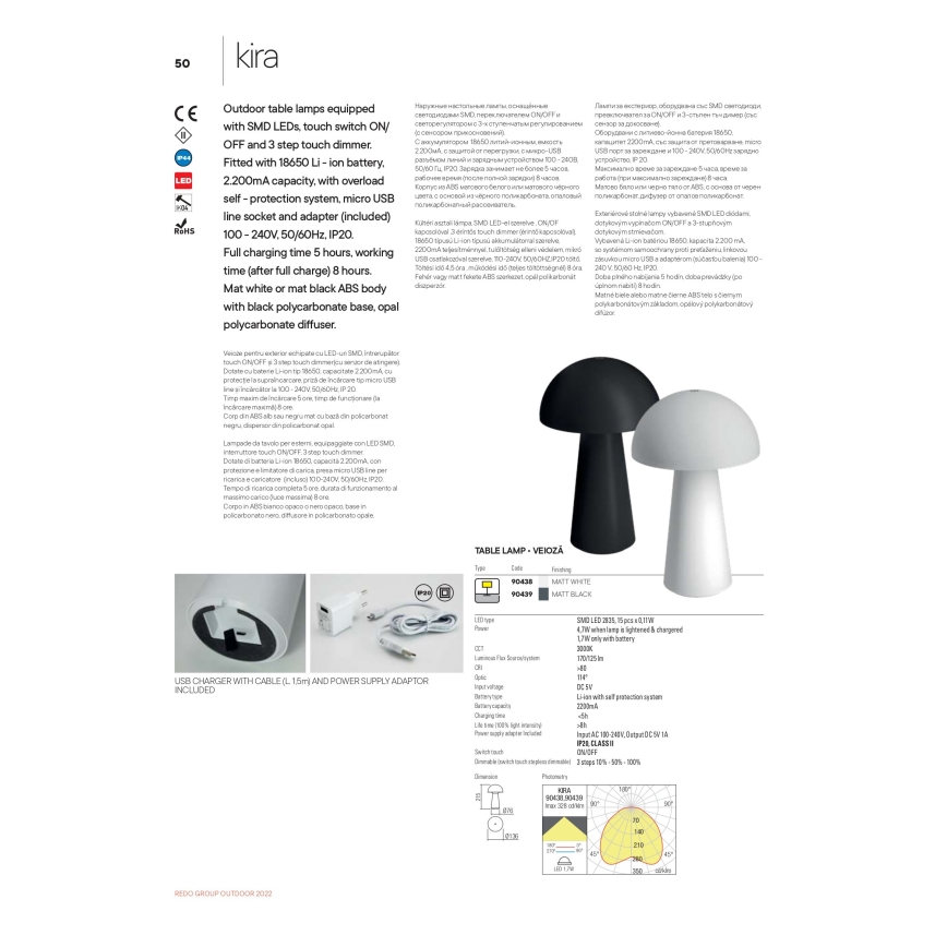 Redo 90439 - Lampada da esterno LED dimmerabile a sfioramento KIRA LED/4,7W/230V 2200 mAh IP44 nera