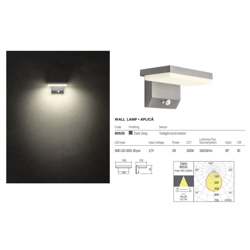 Redo 90535 - Applique a LED solare con sensore TAIYO LED/2W/3,7V 3000K 2200 mAh IP54 antracite