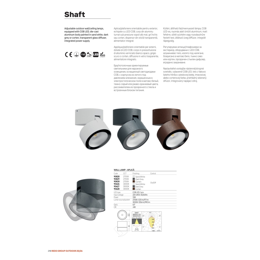 Redo 90626 - Faretto LED da esterno SHAFT LED/13W/230V 3000K Ø 9 cm IP65 bianco