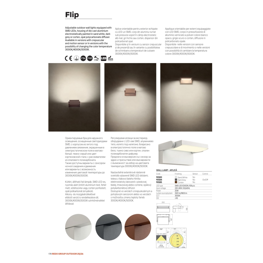 Redo 90716 - Applique da esterno LED FLIP LED/40W/230V 3000/4000/5000K CRI 90 IP54 marrone