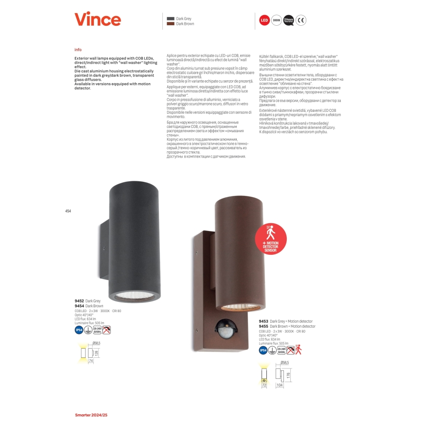 Redo 9455 - LED Applique da esterno con sensore VINCE 2xLED/3W/230V IP54 marrone