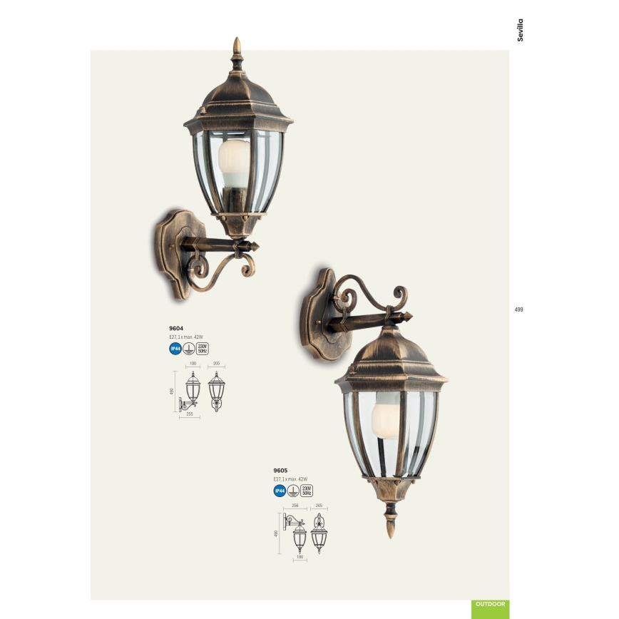 Redo 9604 - Applique da esterno SEVILLA 1xE27/42W/230V IP44 oro/patina