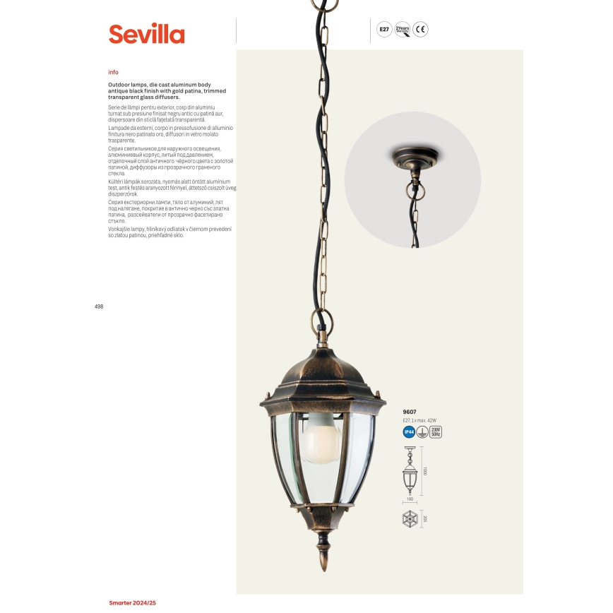 Redo 9607 - Lampadario da esterno a sospensione con catena SEVILLA 1xE27/42W/230V IP44 oro/patina