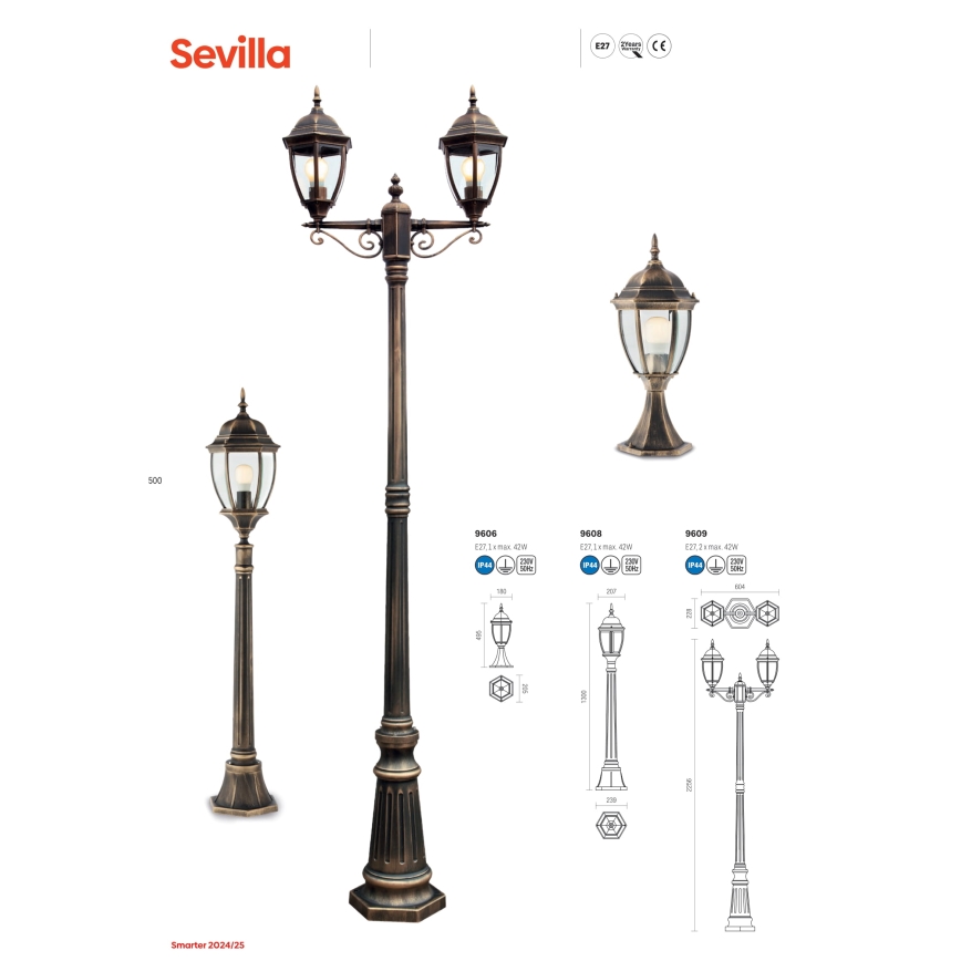 Redo 9608 - Lampada da esterno SEVILLA 1xE27/42W/230V IP44 oro/patina