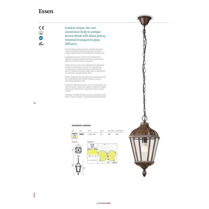 Redo 9656 - Lampada da parete per esterni ESSEN 1xE27/70W/230V IP44 marrone/patina