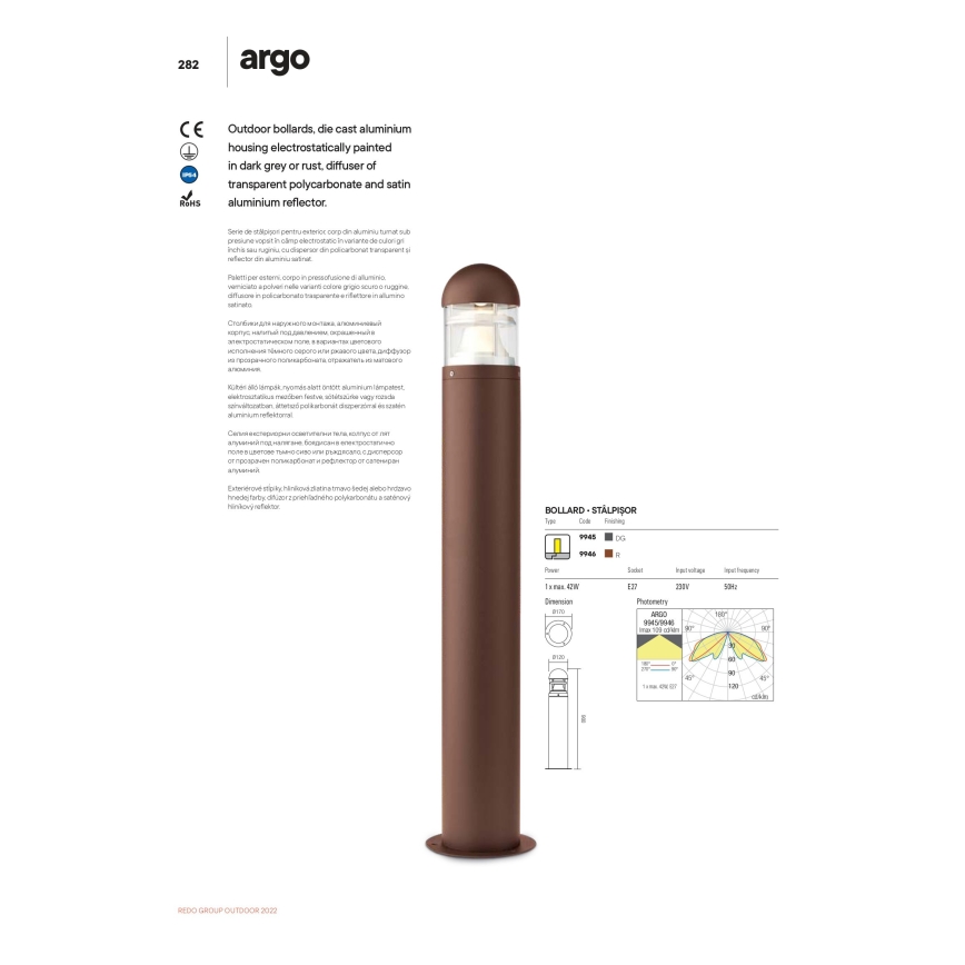 Redo 9945 - Lampada da esterno ARGO 1xE27/42W/230V IP54