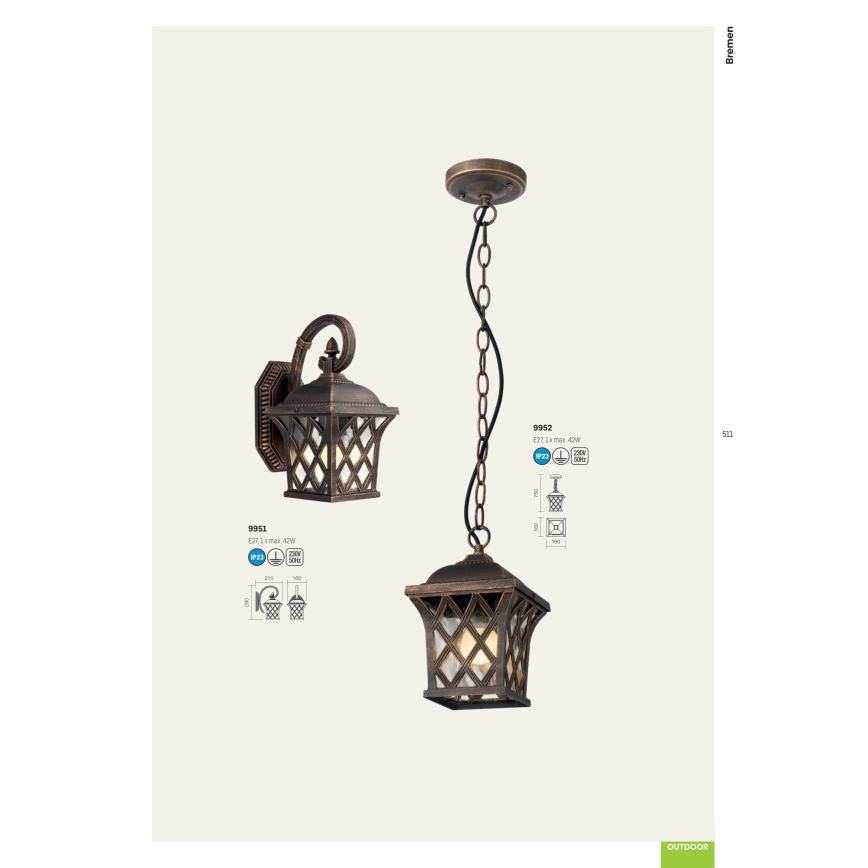 Redo 9951 - Applique da esterno BREMEN 1xE27/42W/230V IP23 oro/patina