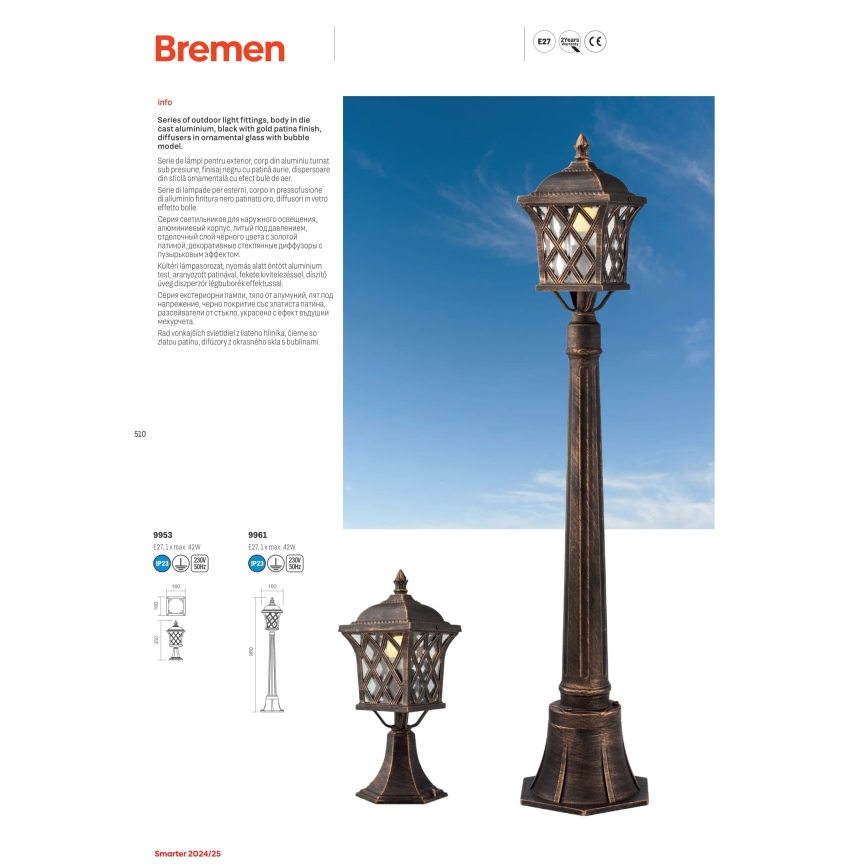 Redo 9953 - Lampada da esterno BREMEN 1xE27/42W/230V IP23 oro/patina