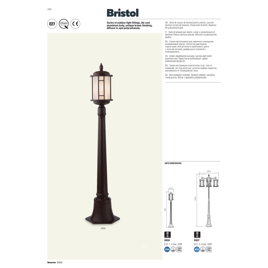 Redo 9956 - Lampadario da esterno a catena BRISTOL 1xE27/42W/230V IP23