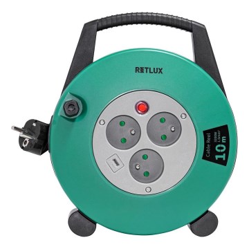 Retlux - Cavo avvolgibile con 3 prese, Tipo E, 10 m, verde/nero
