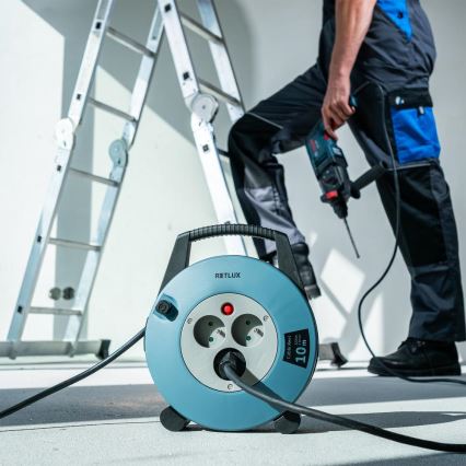 Retlux - Cavo di prolunga su avvolgicavo 3 prese Tipo E 10 m blu/nero