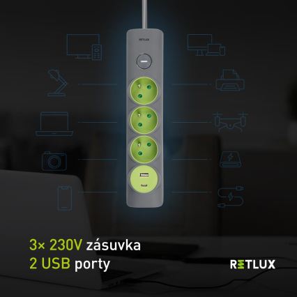 Retlux - Multipresa con interruttore 3 prese Tipo E + 1x USB-A + 1x USB-C, 1,4 m, grigio