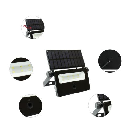 LED Proiettore solare con sensore di movimento e crepuscolare NOCTIS LED/2W/1800 mAh 3,7V 6000K IP65