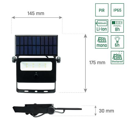LED Proiettore solare con sensore di movimento e crepuscolare NOCTIS LED/2W/1800 mAh 3,7V 6000K IP65