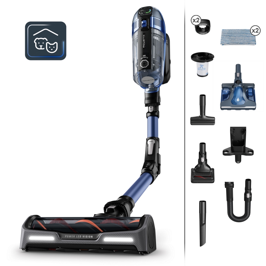 Rowenta - Aspirapolvere a bastone con mop X-FORCE FLEX ANIMAL AQUA AUTO 3 in 1 480W/32,4V 2500 mAh blu