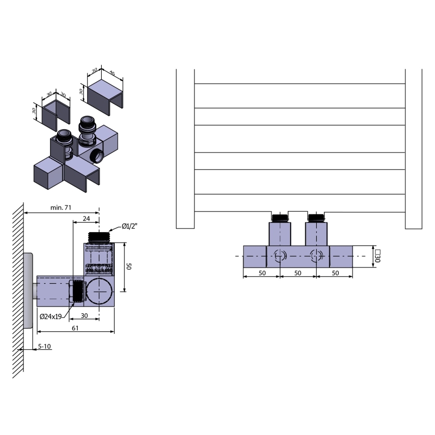 Sapho - Kit di valvole per collegamento centrale CUBE TWIN, cromo lucido
