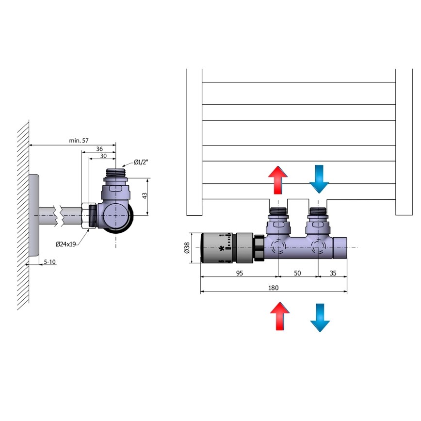 Sapho - Set termostatico di collegamento per attacco centrale TWIN sinistro/cromo lucido