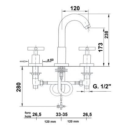 Sapho - Miscelatore per lavabo a 3 fori AXIA RETRO 23,8 cm cromo lucido