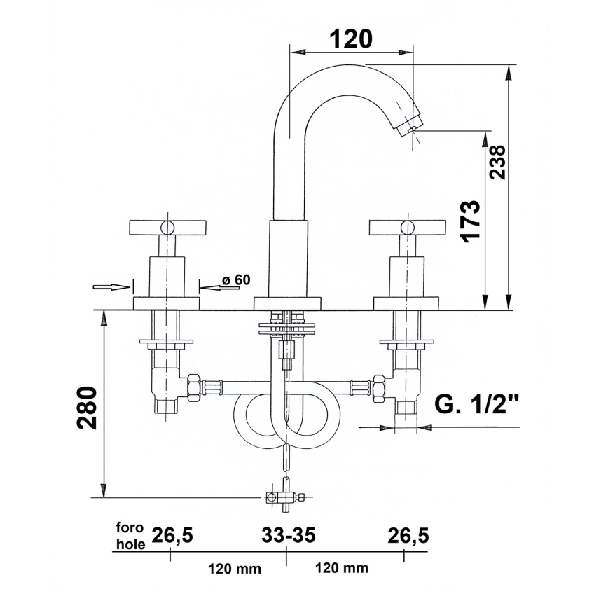 Sapho - Miscelatore per lavabo a 3 fori AXIA RETRO 23,8 cm cromo lucido
