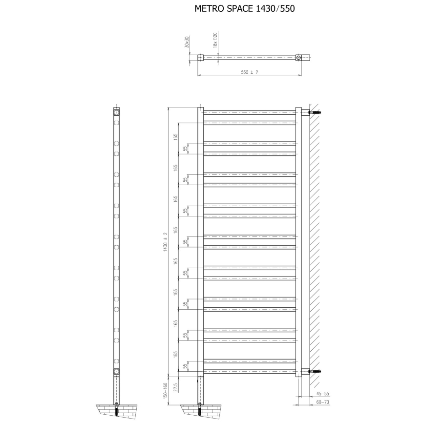 Sapho - Scaldasalviette METRO SPACE 525W 55x143 cm nero opaco