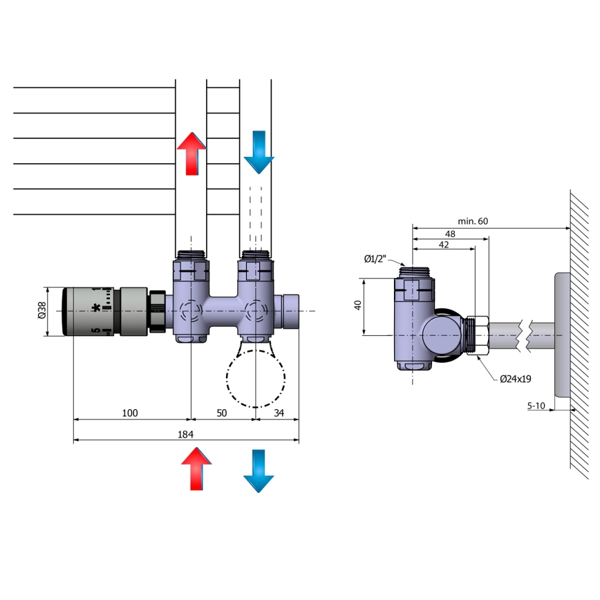 Sapho - Kit di collegamento termostatico per attacco centrale TWIN COMBI sinistro/inox satinato