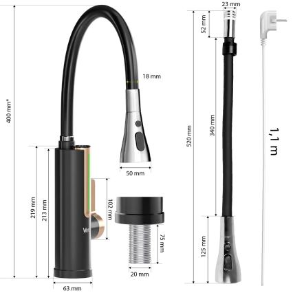 Scaldabagno istantaneo con display LED 3000W/230V IPX4 nero