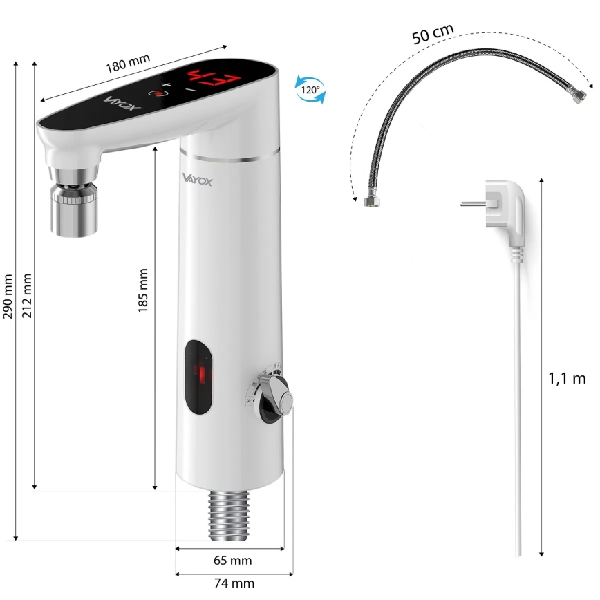 Scaldabagno a flusso continuo touch con sensore e display LED 3000W/230V IPX4 bianco