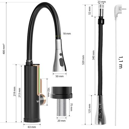 Scaldacqua istantaneo a flusso con display LED 3000W/230V IPX4 nero/oro