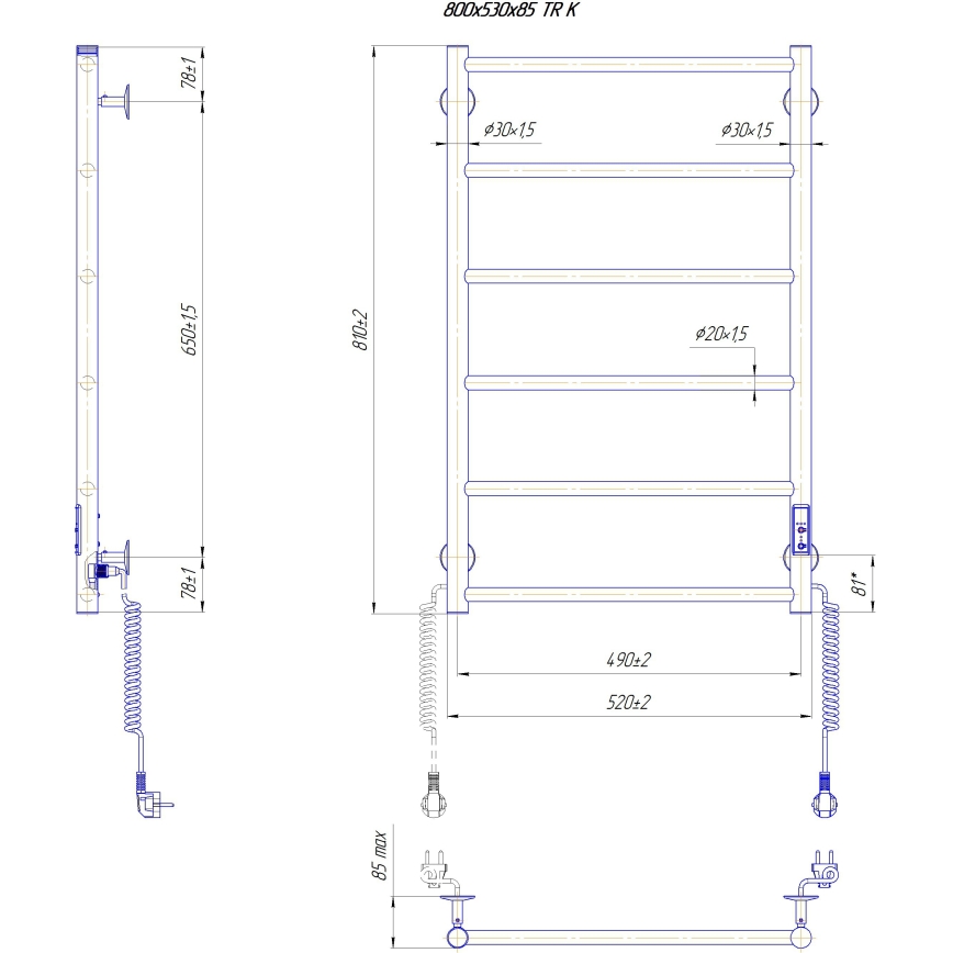 Scaldasalviette a scala per bagno CLASSIC 110W/230V 81x52 cm acciaio inox/bianco destro