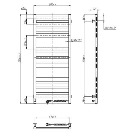Scaldasalviette a scala per bagno con termostato LARGO 256W 120x50 cm, nero, lato destro