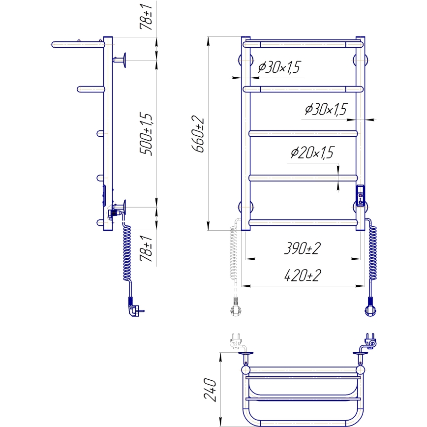 Scaldasalviette a scala per bagno HOTEL 75W/230V 66x42 cm, acciaio inossidabile/nero, lato destro