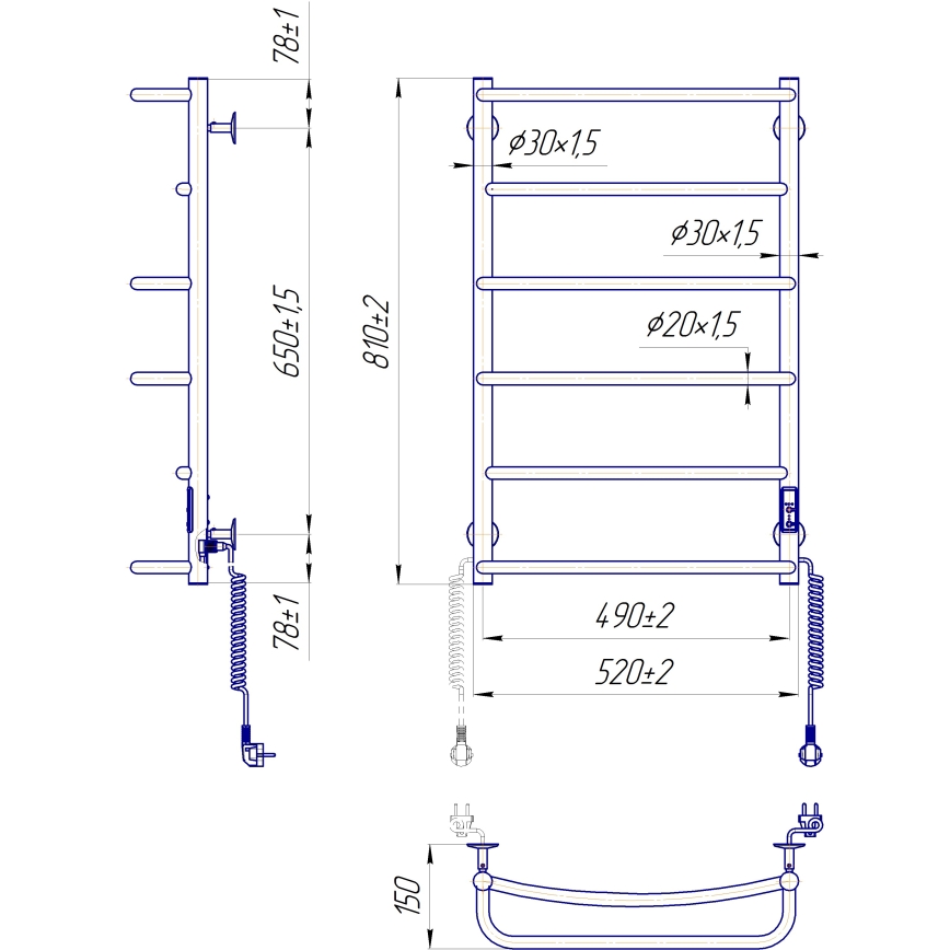Scaldasalviette a scala per bagno LUX 105W/230V 81x52 cm in acciaio inox, finitura antracite, collegamento lato destro