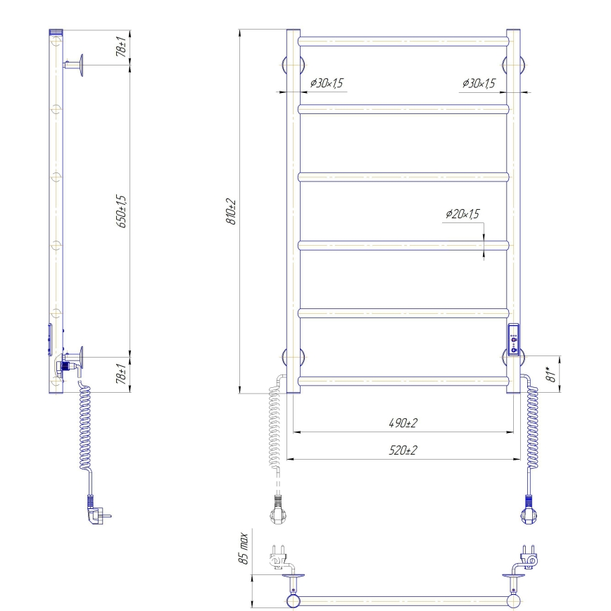 Scaldasalviette a scaletta CLASSIC 110W/230V 81x52 cm inox/antracite, attacco destro