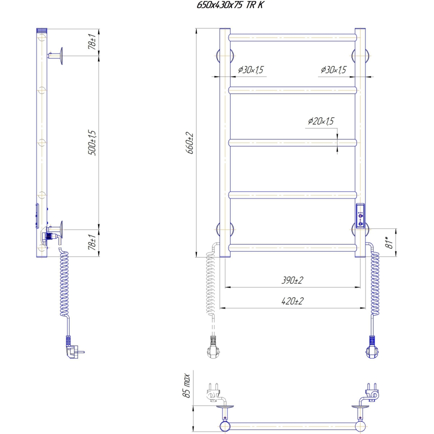 Scaldasalviette a scaletta per bagno CLASSIC 65W/230V 66x42 cm acciaio inossidabile/bianco lato destro