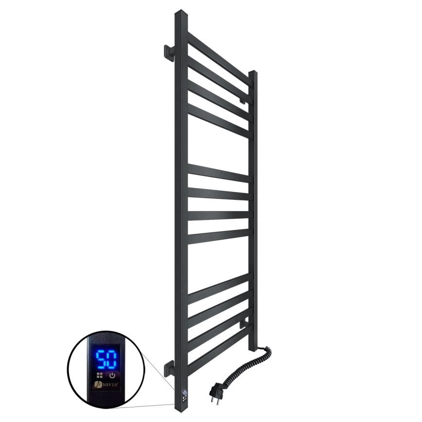 Scaldasalviette da bagno AVANGARD con termostato — 459 W / 230 V, 120,6 cm, IP44, nero, destro, profilo quadrato