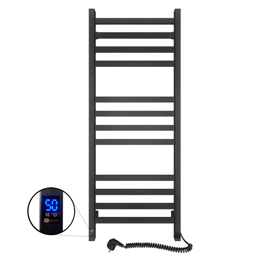 Scaldasalviette da bagno AVANGARD con termostato — 459 W / 230 V, 120,6 cm, IP44, nero, destro, profilo quadrato