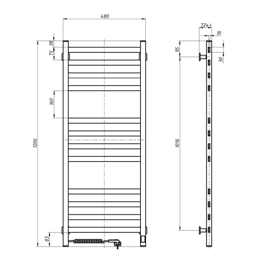 Scaldasalviette da bagno AVANGARD con termostato — 459 W / 230 V, 120,6 cm, IP44, nero, destro, profilo quadrato