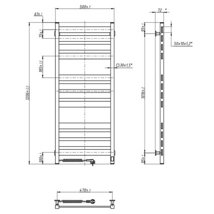 LARGO 541 W/230 V Scala da bagno Scaldasalviette con termostato, 120,6 cm, IP44, Nero, Sinistra, Profilo quadrato