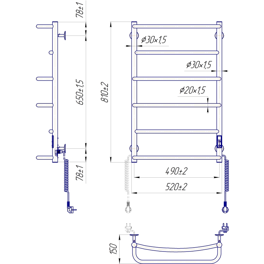 Scaldasalviette da bagno LUX 105W/230V 81x52 cm acciaio inossidabile/cromo lucido, lato destro