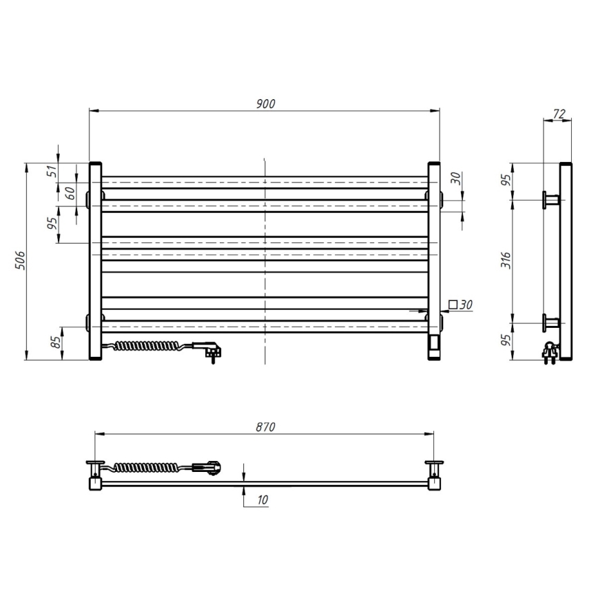 Scaldasalviette elettrico con termostato AVANGARD 181W 50x90 cm, nero, lato sinistro