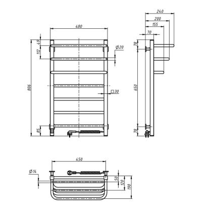 Scaldasalviette elettrico con termostato FORTIS 155 W 80×48 cm, nero, lato destro