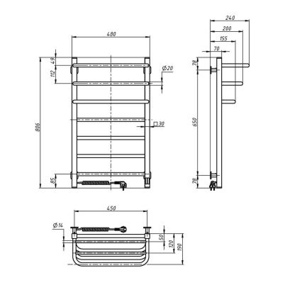 Scaldasalviette elettrico con termostato FORTIS 155W 80x48 cm nero, lato sinistro