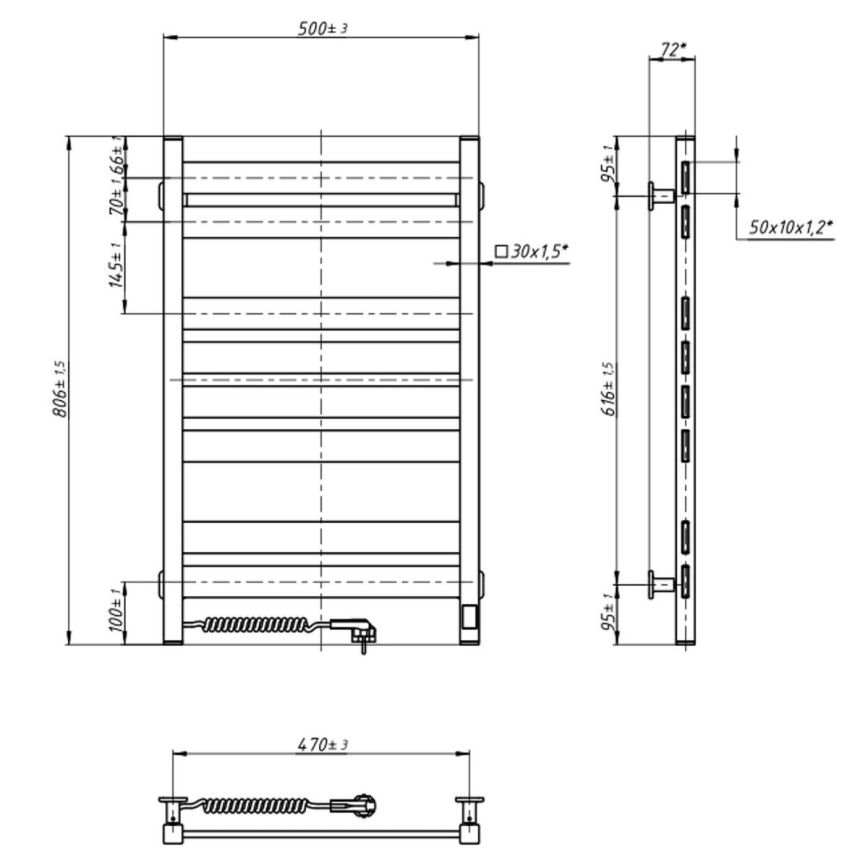Scaldasalviette elettrico con termostato LARGO 168W 80x50 cm, bianco, lato sinistro