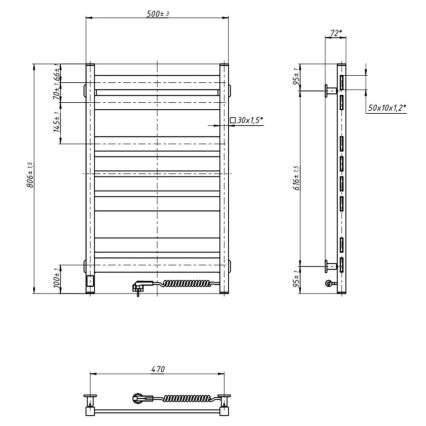 Scaldasalviette elettrico con termostato LARGO 168W 80x50 cm, nero, lato destro