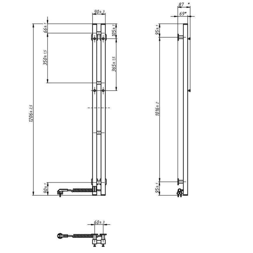 Scaldasalviette elettrico con termostato SILOUETTE 70W 120x9 cm nero destro