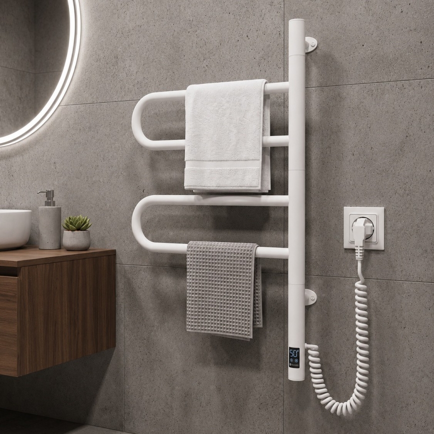 Scaldasalviette elettrico girevole con termostato FOUETTE 60W 65x49 cm bianco